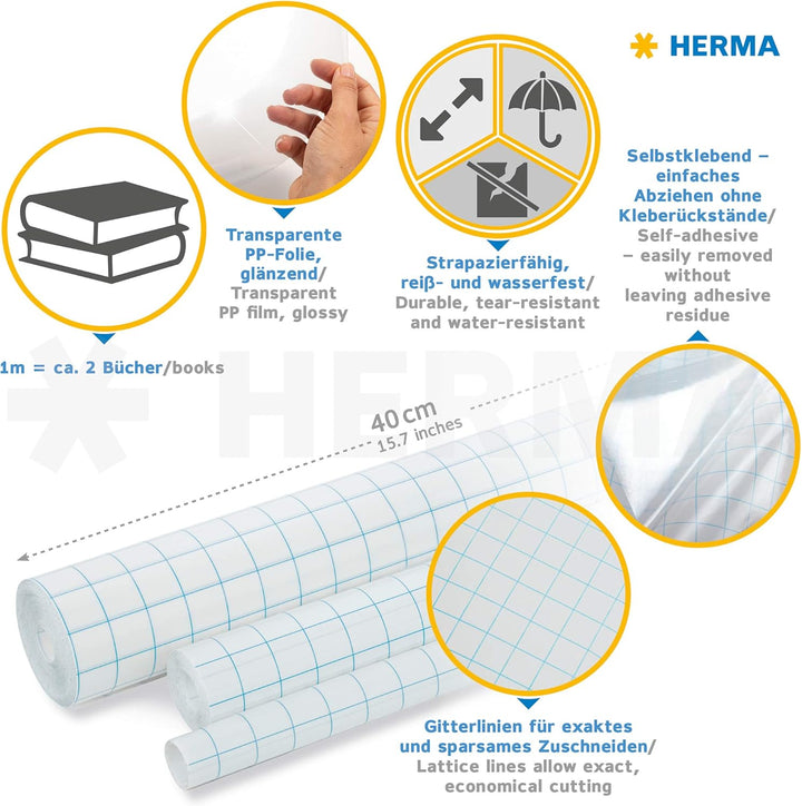 HERMA 7010 Buchschutzfolie selbstklebend transparent, 10 m x 40 cm, reiss- & wasserfest Bucheinschla