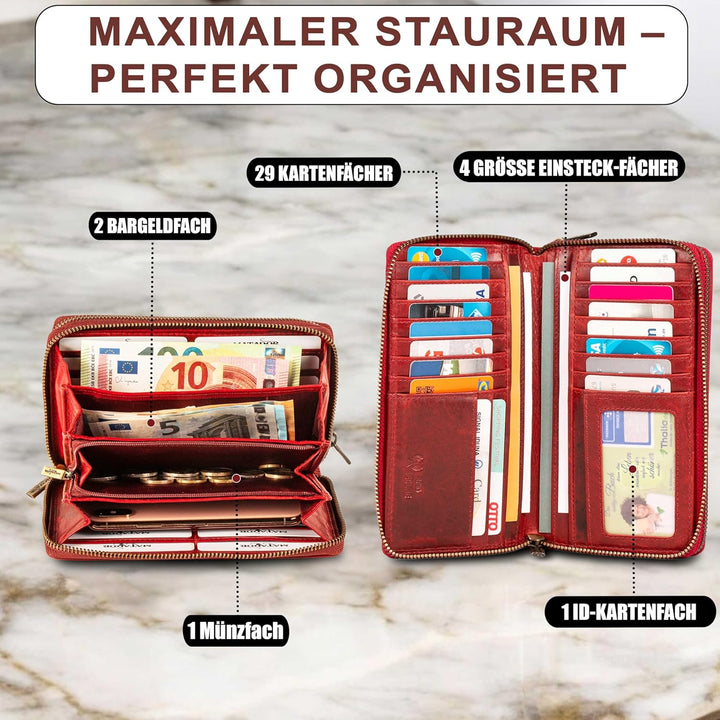 MATADOR Lange Damenbörse Geldbörse Portemonnaie Rinds Leder Scheintasche Geldtasche mit Doppelter Re