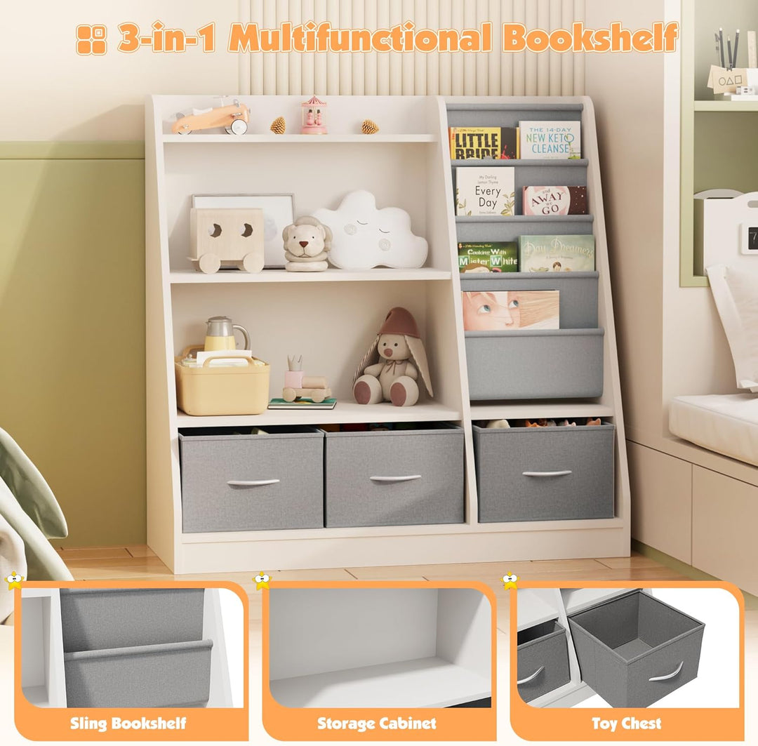 NACHES Kinderregal mit 3 Aufbewahrungsboxen aus Vliesstoff, Bücherregal Kinder Montessori mit 4 Abla