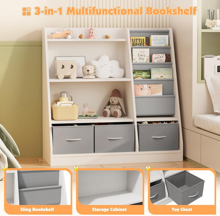 NACHES Kinderregal mit 3 Aufbewahrungsboxen aus Vliesstoff, Bücherregal Kinder Montessori mit 4 Abla