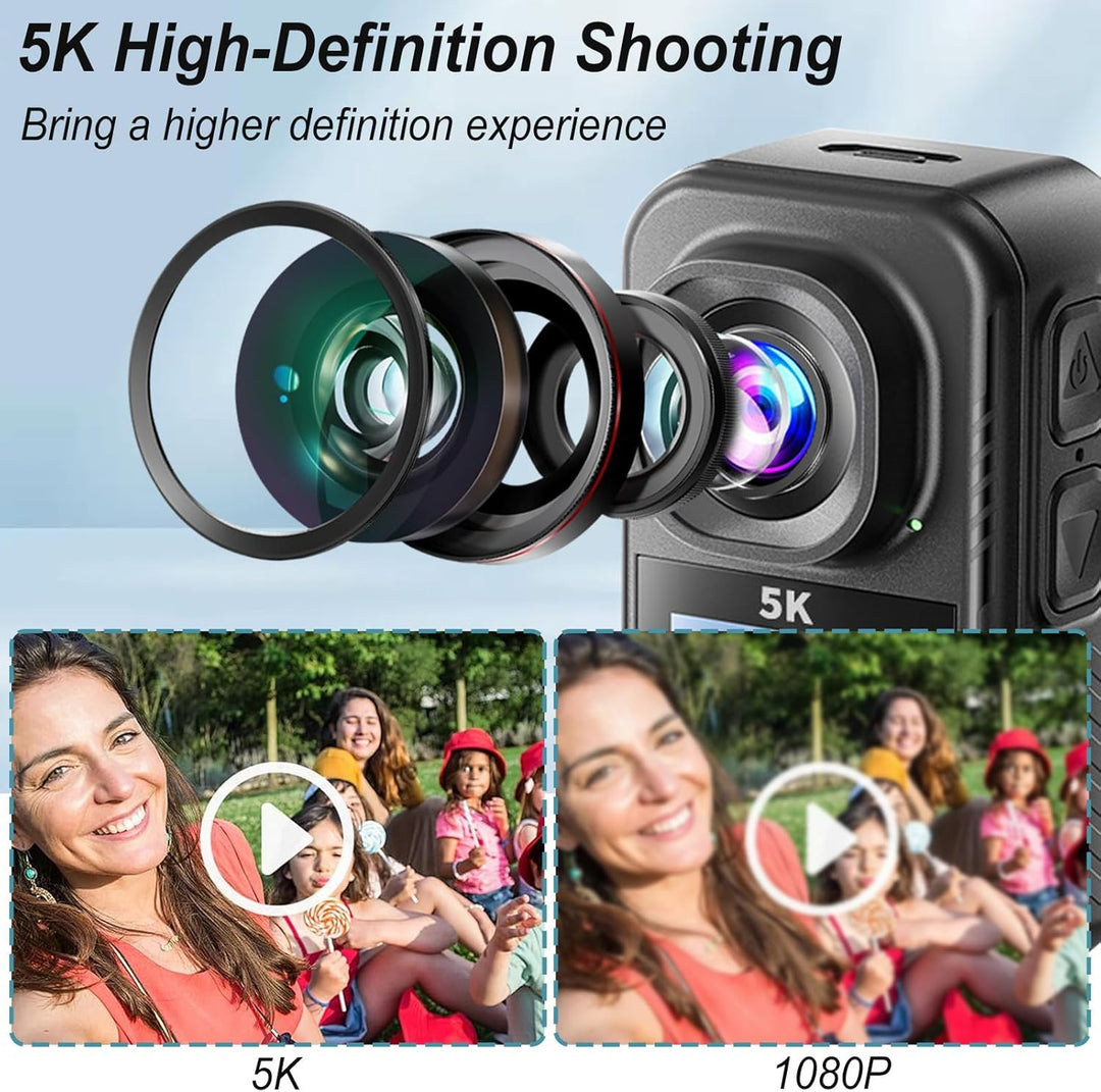 Action Cam 5K, Mini Sportkamera WiFi mit 64G Speicherkarte, Körperkameras mit Audio- und Videonachze
