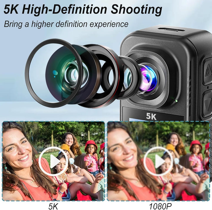Action Cam 5K, Mini Sportkamera WiFi mit 64G Speicherkarte, Körperkameras mit Audio- und Videonachze