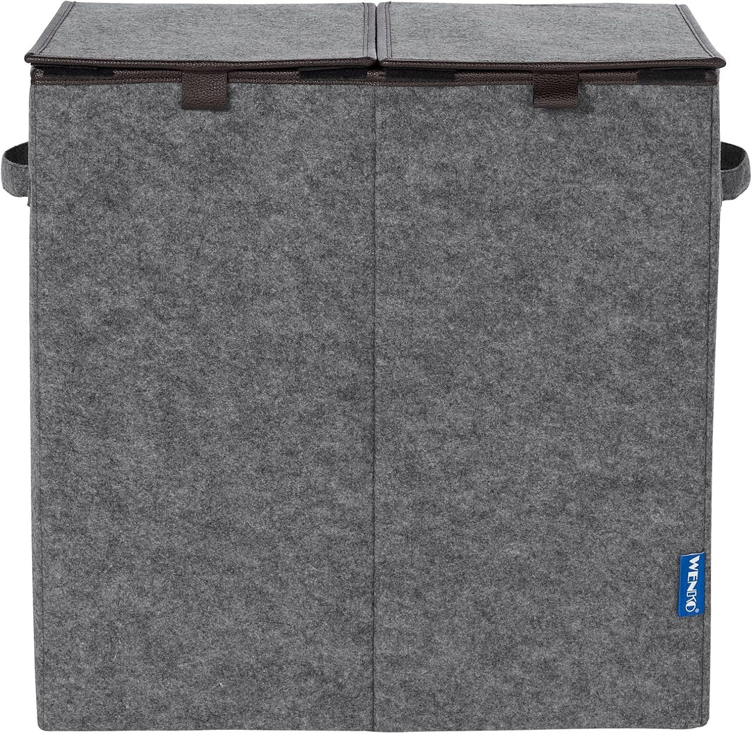 WENKO Wäschesammler Duo Grau/Braun, stabiler Wäschekorb aus recyceltem Filz mit 2 Fächern & separate