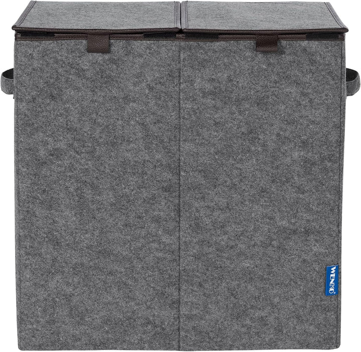 WENKO Wäschesammler Duo Grau/Braun, stabiler Wäschekorb aus recyceltem Filz mit 2 Fächern & separate