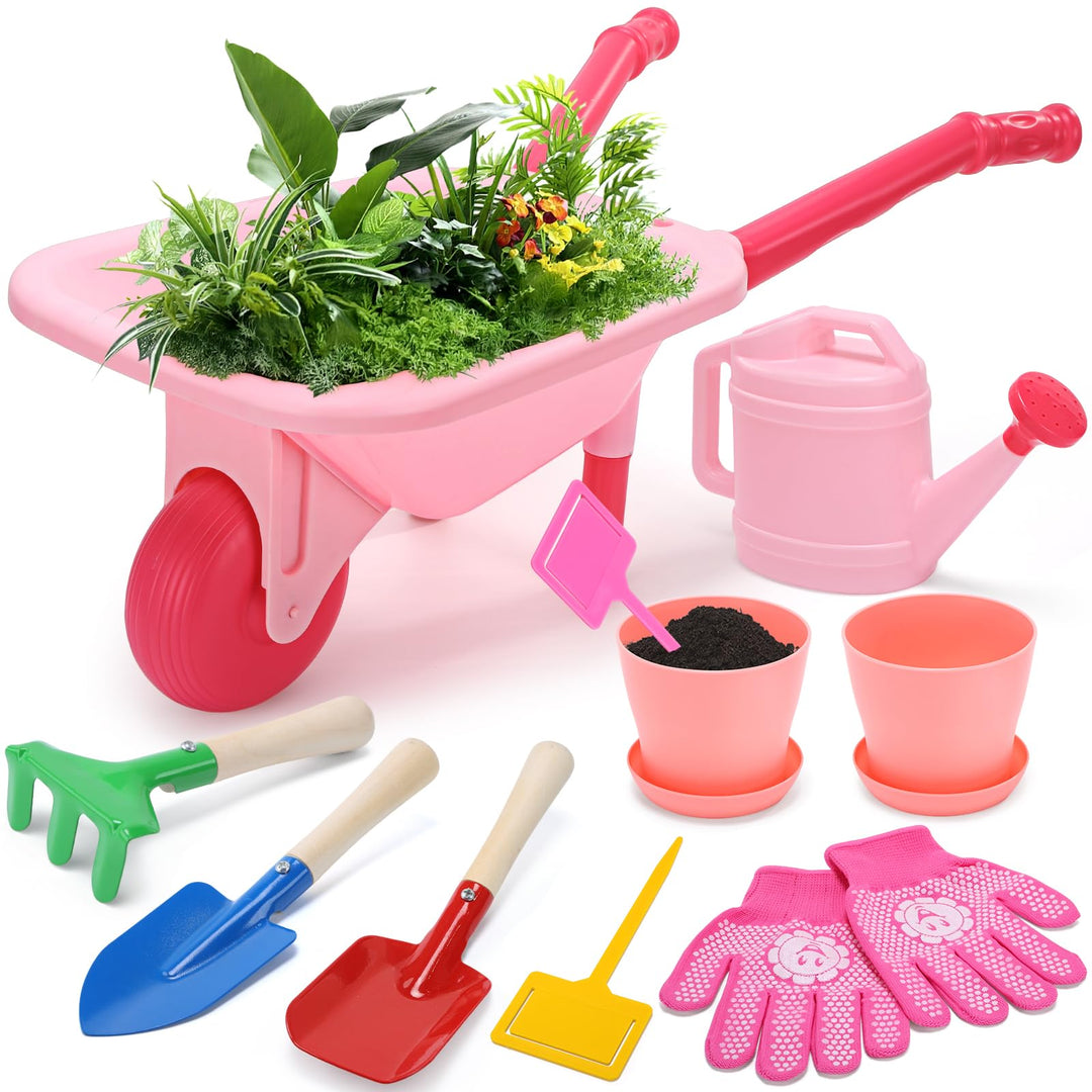 CUTE STONE Kinder-Gartenwerkzeugset, rosa Schubkarre, Gartenspielzeug | mit Giesskanne, Handschuhen,
