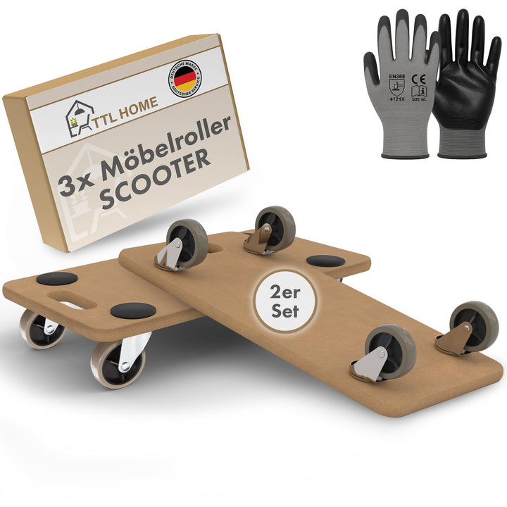 TTL Home 2er Set Möbelroller Scooter 58x30x11cm - 250kg Traglast Rollbrett & Transportroller 360° Gu