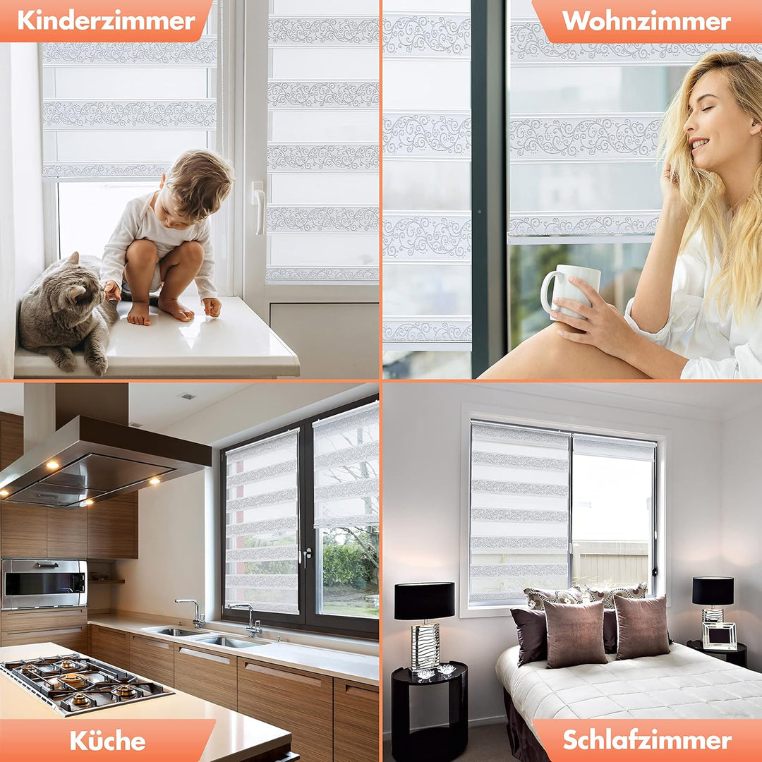 Doppelrollo Klemmfix ohne Bohren - 4in1 Duo Rollo mit Muster Weiss Silber Glitzernd 50x200cm - Ranke