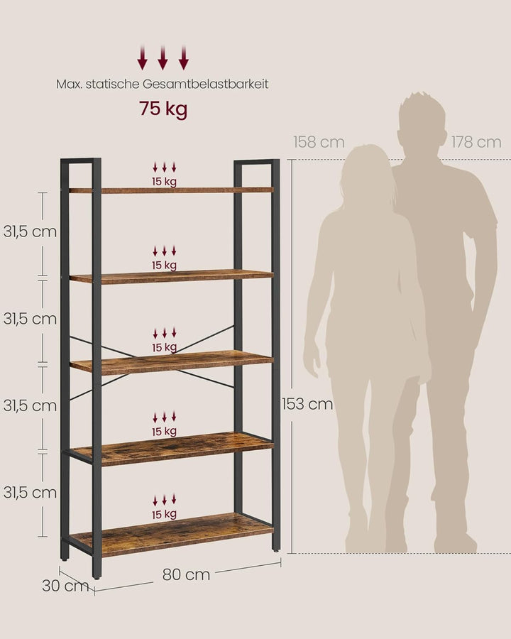 VASAGLE Regal, Bücherregal, Standregal, DVD-Regal, mit 5 Ebenen, Büroregal, offene Ablagen, für Büro