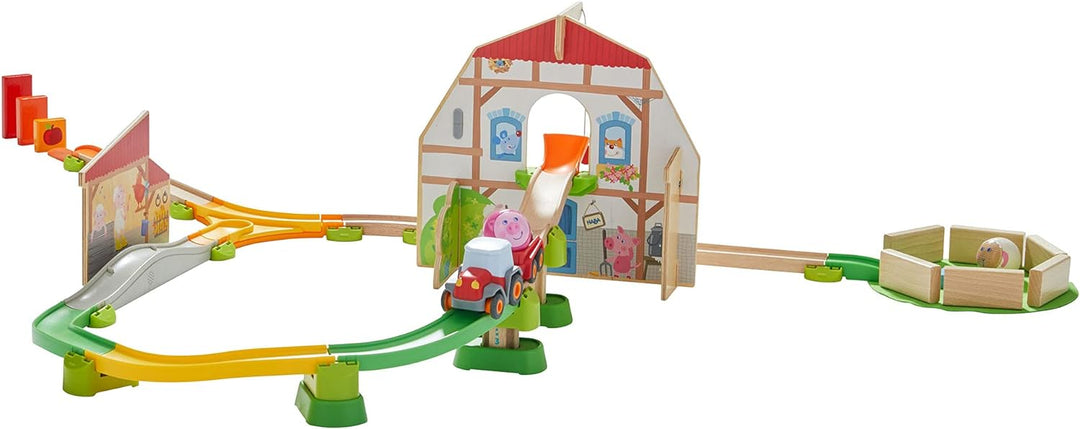 HABA 305397 - Kullerbü – Sound-Spielbahn Bauernhof, Kugelbahn aus Holz mit Spielkulissen, Traktor, K