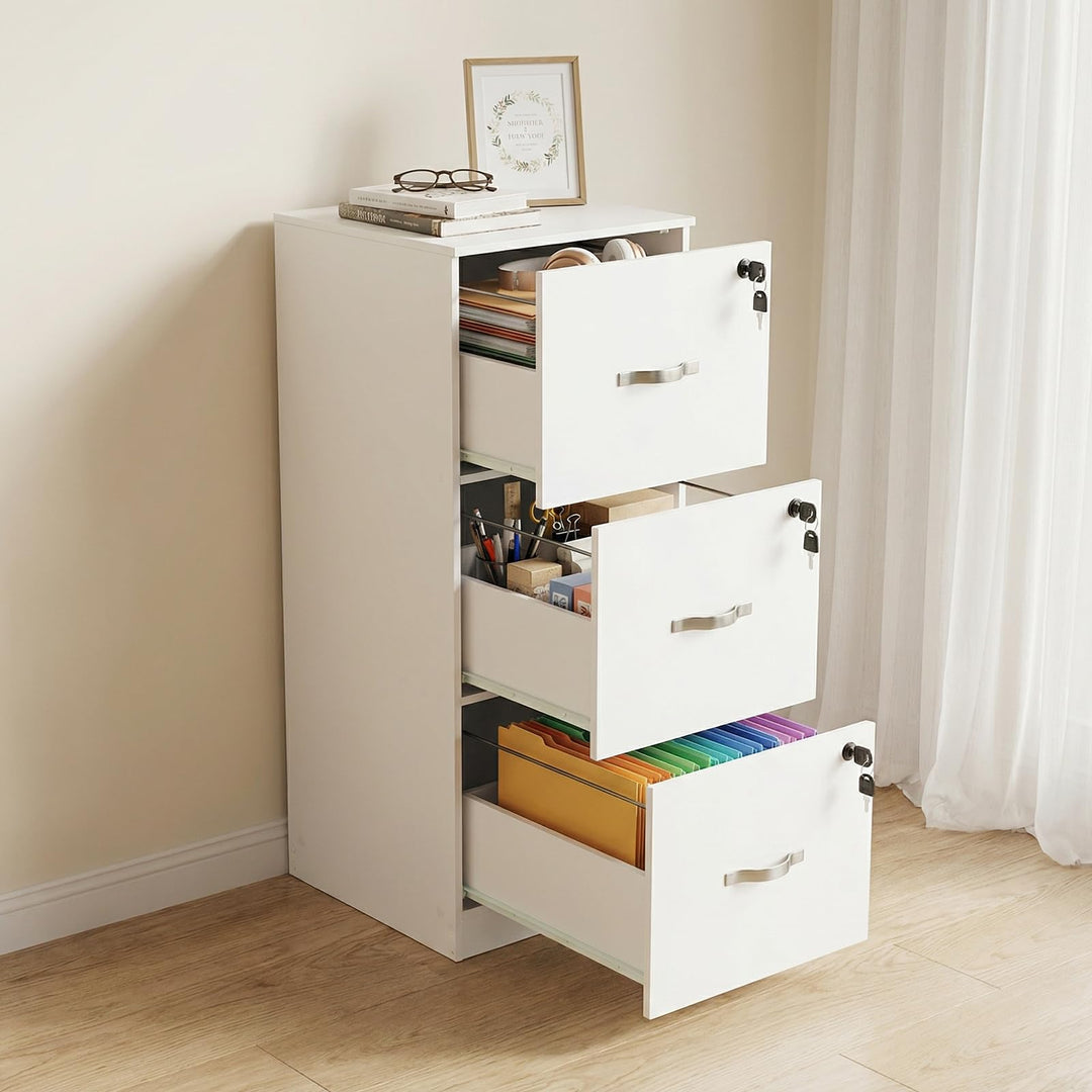 Aktenschrank Abschliessbar, Büroschrank mit 3 Schubladen, Holz Schubladenschrank Druckerschrank, Hän