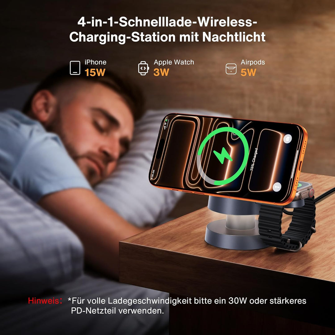 iVANKY 4 in 1 Wireless Ladegerät für iPhone 17 Ladestation mit Nachtlicht, 15 W 3 in 1 Reiseständer