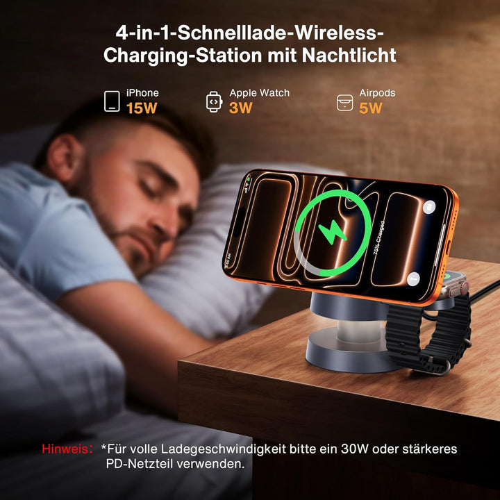 iVANKY 4 in 1 Wireless Ladegerät für iPhone 17 Ladestation mit Nachtlicht, 15 W 3 in 1 Reiseständer