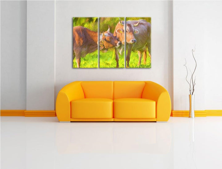 Kuhbullen auf Weide Spezial 3-Teiler Leinwandbild 120x80 Bild auf Leinwand, XXL riesige Bilder ferti