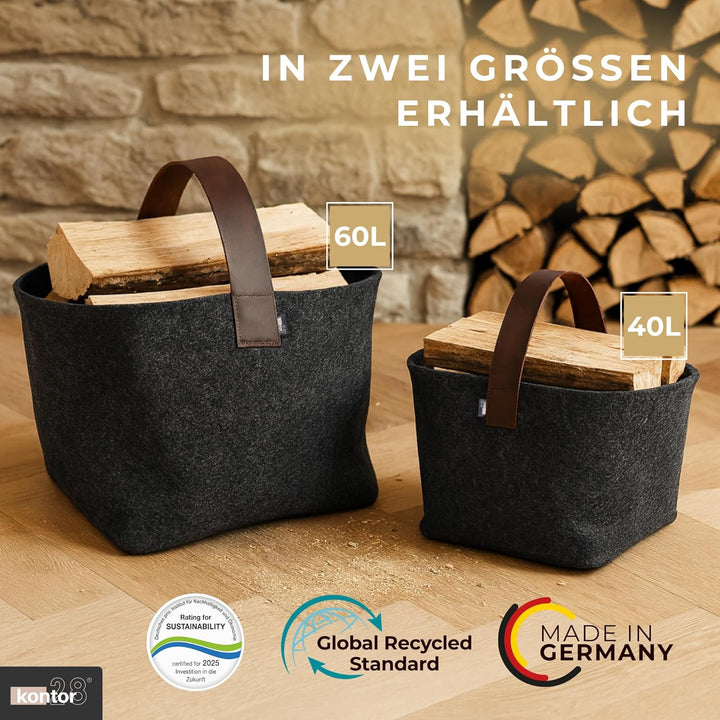 kontor28® - Kaminholzkorb aus Premium Filz 100% MADE IN GERMANY | Brennholzkorb Füllvolumen 40 L mit