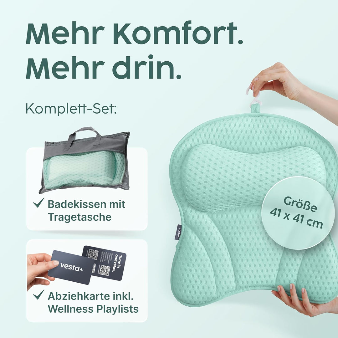 Vesta+ Badewannenkissen Mint L mit Saugnäpfen, Badekissen Testsieger als Badewannenkissen Nacken &amp; N