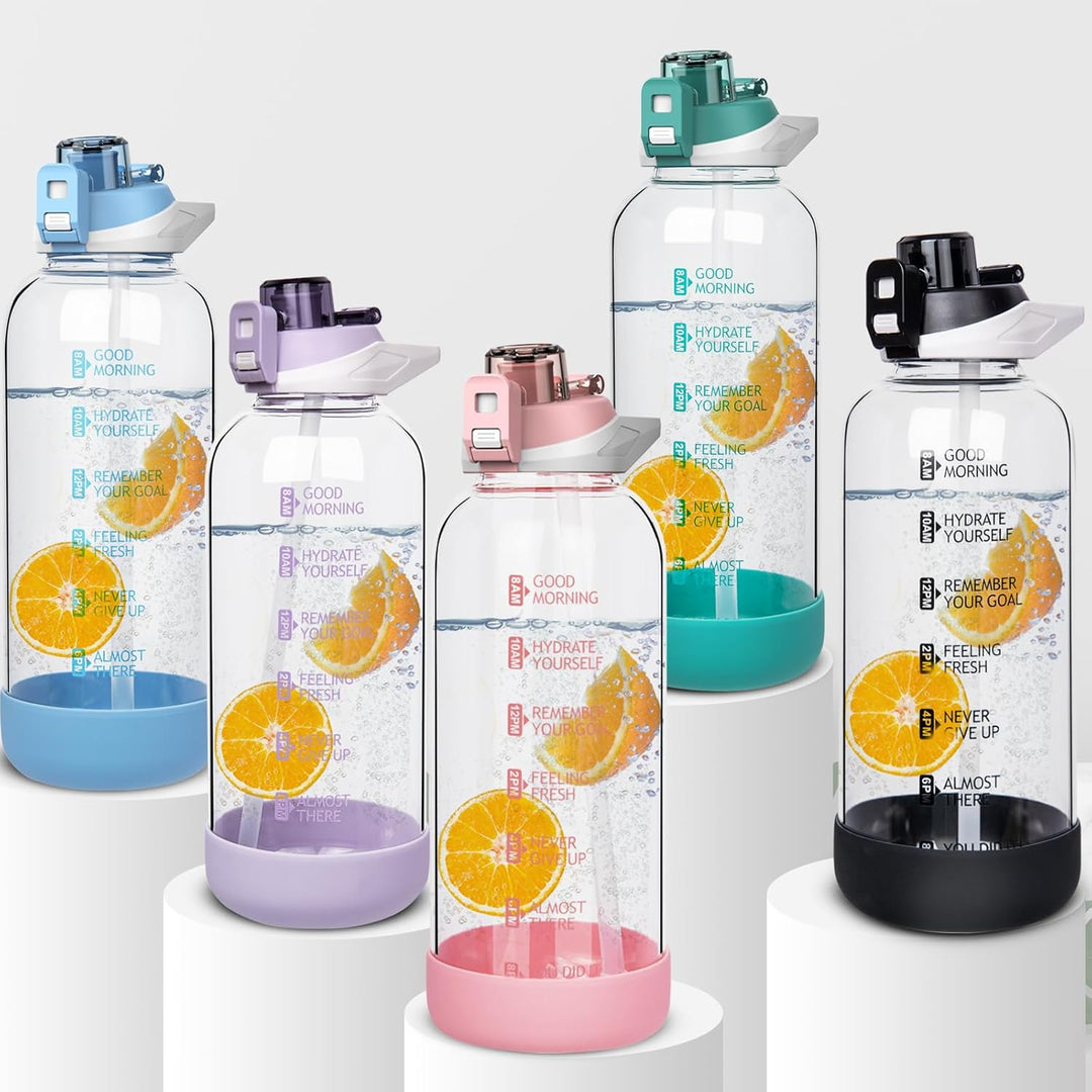 Seekua 1.5 liter Sport Trinkflasche Glas Flasche mit Strohhalm & Zeitmarkierung auslaufsicher bpa fr