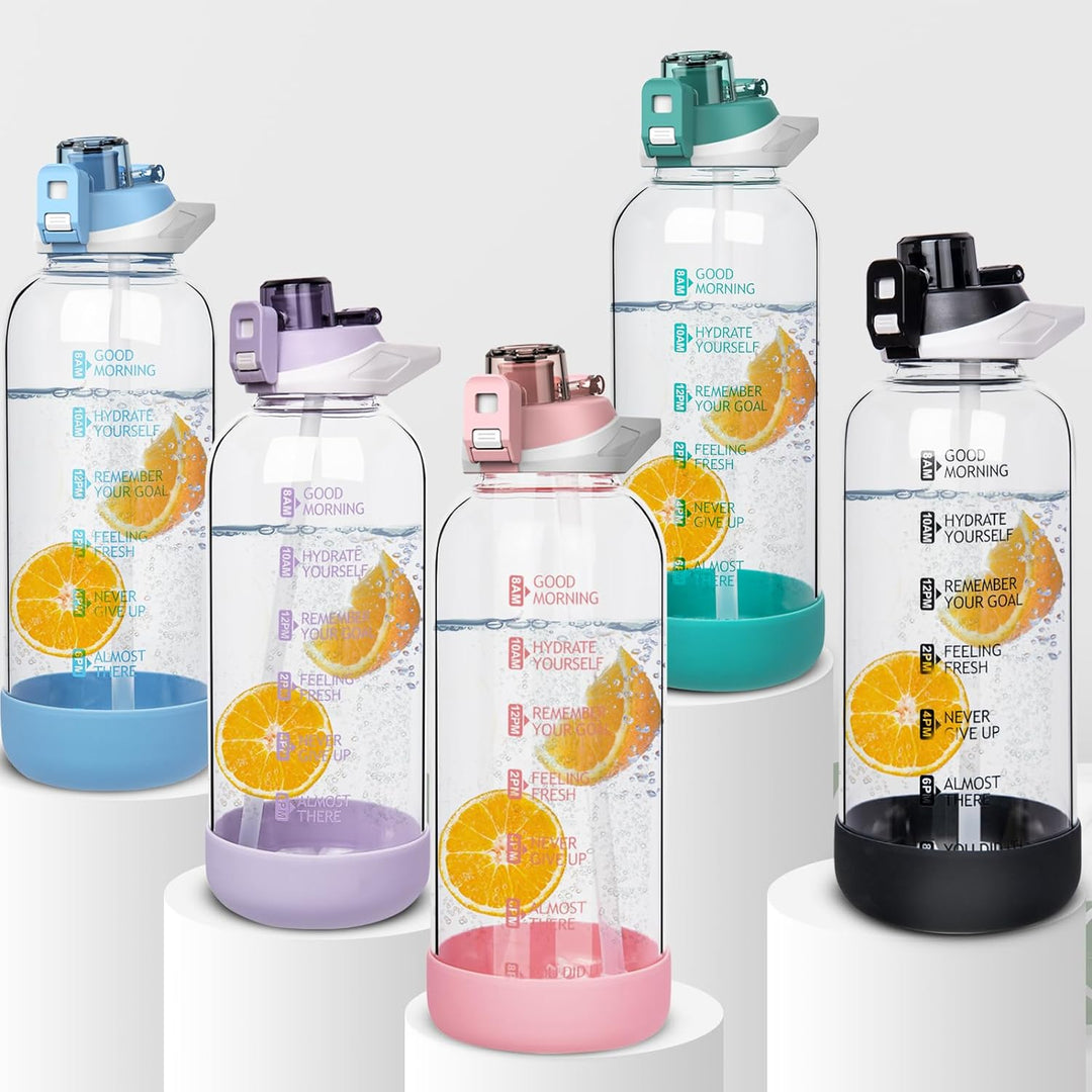 Seekua 1.5 liter Sport Trinkflasche Glas Flasche mit Strohhalm & Zeitmarkierung auslaufsicher bpa fr