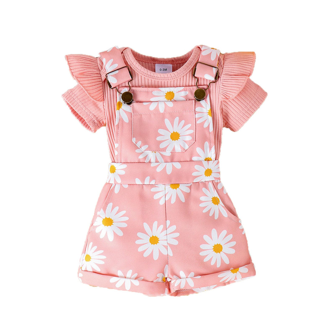 Neugeborenes Mädchen Kleidung Gänseblümchen-Aufdruck Gerüschtes Oberteil mit Hosenträgerhose und Tas