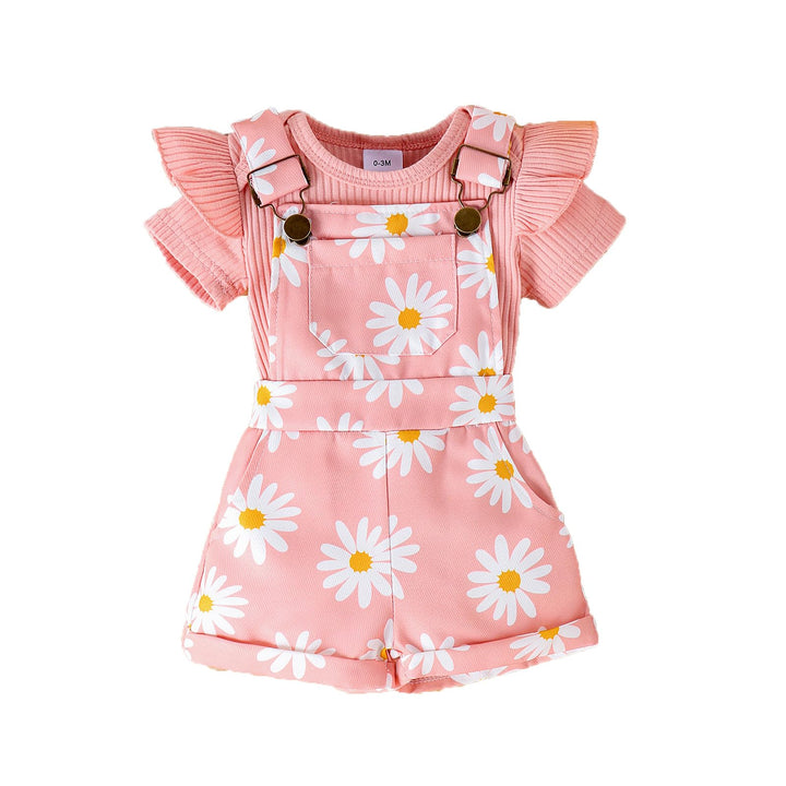 Neugeborenes Mädchen Kleidung Gänseblümchen-Aufdruck Gerüschtes Oberteil mit Hosenträgerhose und Tas