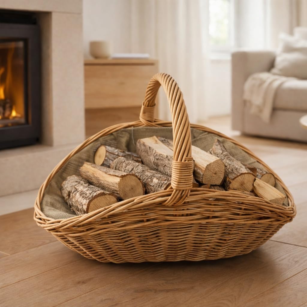 Kaminholzkorb aus Rindenweide mit Jutefutter (72 × 42 × 25/39 cm) – Handgeflochtener Weidenkorb zum