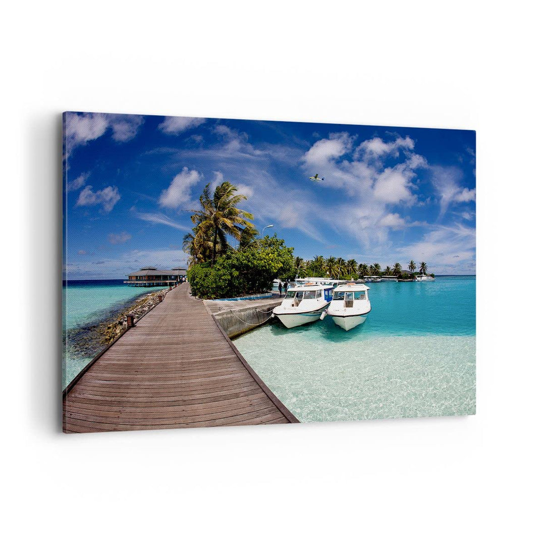 Bilder auf Leinwand 100x70cm Leinwandbild Maledische Insel Archipel Ozean Hütte Gross Wanddeko Bild