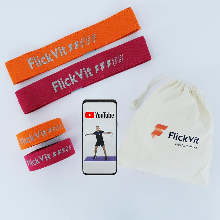 FlickVit Fitnessbänder 4er Set- Beginner (2 & 3) inkl. Tragebeutel, Fitnessband Stoff, Klimmzugband,