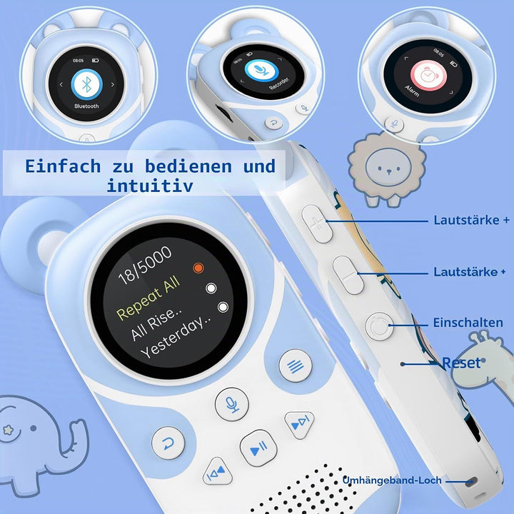 RUIZU 64GB MP3 Player Kinder Bluetooth 5.3 mit kopfhörer Lautsprecher Unterstützt UKW-Radio, Wecker,