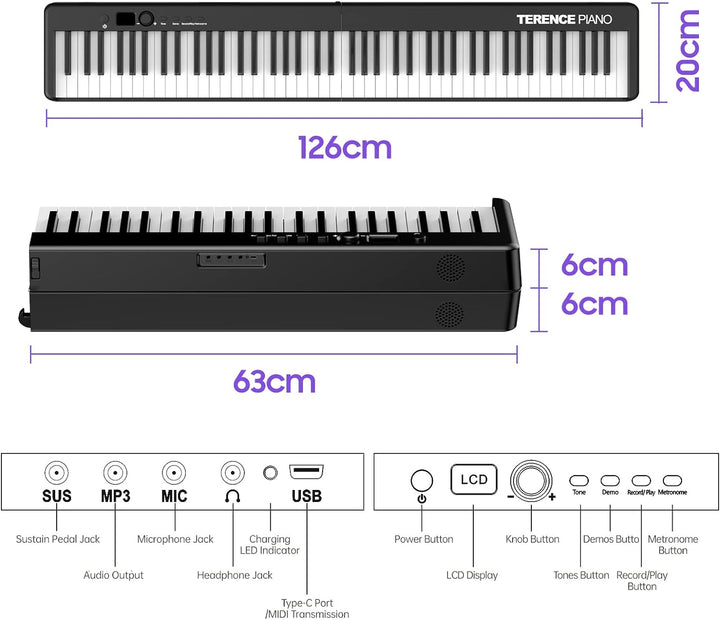 TERENCE Piano mit 88 Tasten Faltbares Klaviertastatur mit 1800mAh Batterie unterstützung MIDI USB-Sc