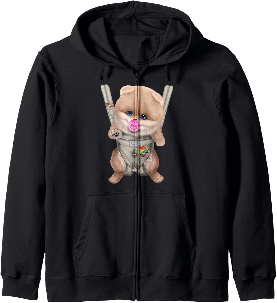 Creme Pommerscher Hund mit einem Schnuller in der Babytrage Kapuzenjacke