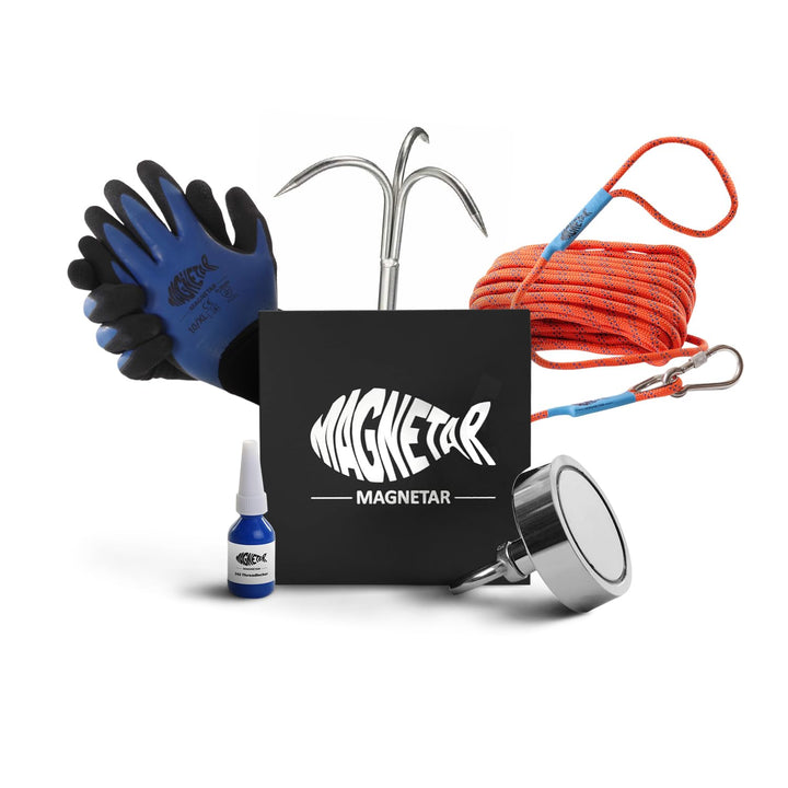 Magnetfischen Set - Einseitig 400kg Bergemagnet - Magnetangel Paket mit Topfmagnet/Seil/Haken/Handsc