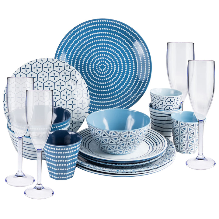 Melamin Camping Geschirr und Glas Set für 4 Personen - 20 Teile - Campinggeschirr - blau weiss - mit
