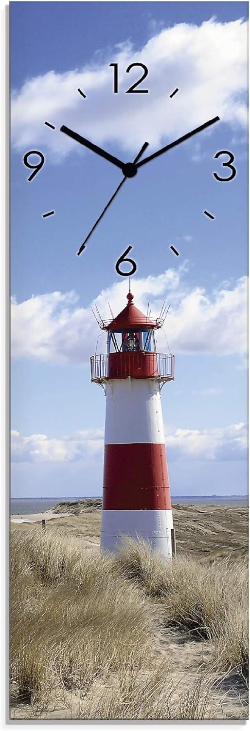 ARTLAND Wanduhr ohne Tickgeräusche Glas Quarzuhr 20x60 cm Rechteckig Lautlos Strand Meer Leuchtturm