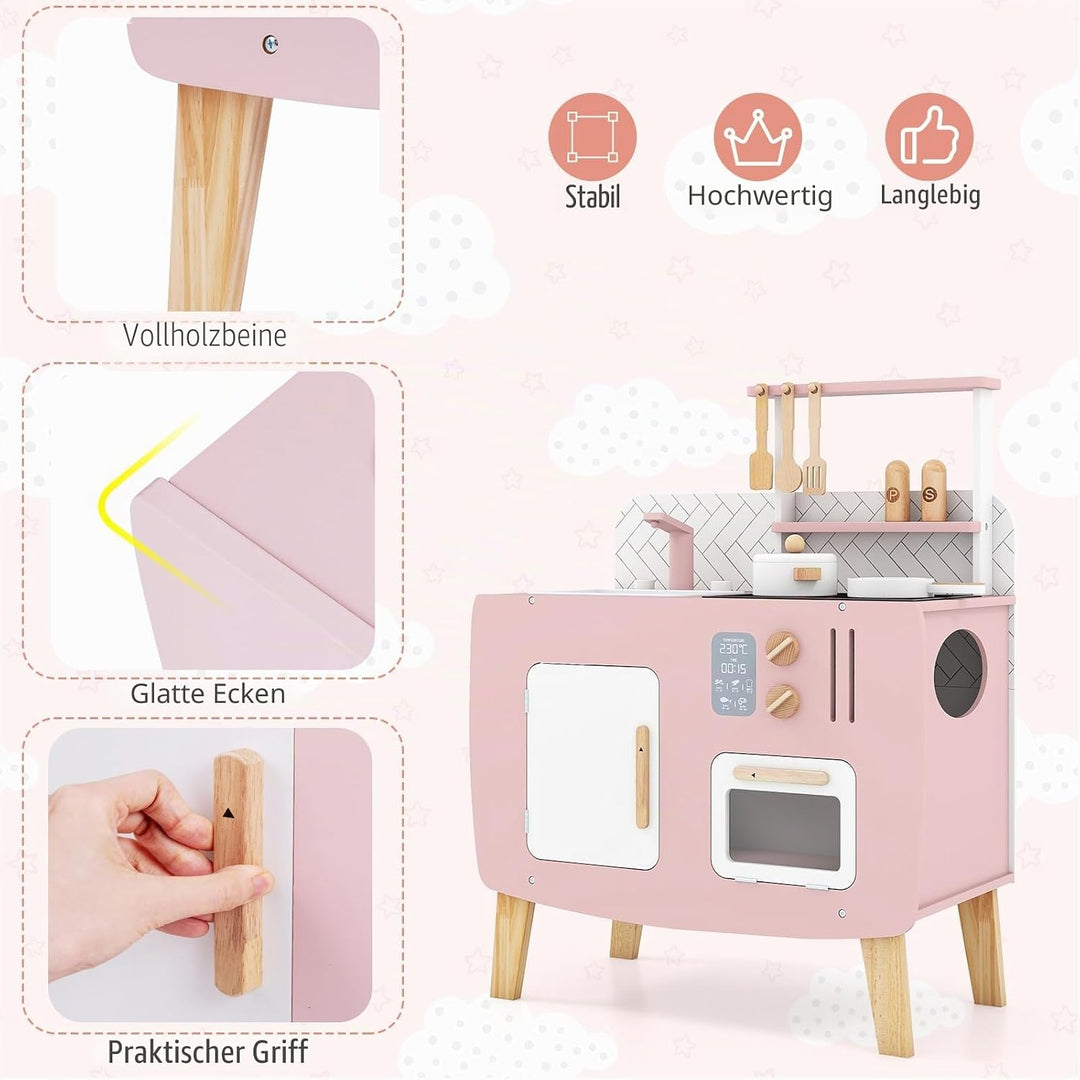 HOMASIS Spielküche mit 7 Zubehör, Kinderküche mit Spüle, Herd &amp; Ofen, kleine Spielzeugküche aus Holz