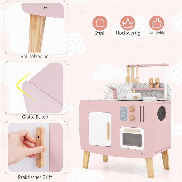 HOMASIS Spielküche mit 7 Zubehör, Kinderküche mit Spüle, Herd &amp; Ofen, kleine Spielzeugküche aus Holz