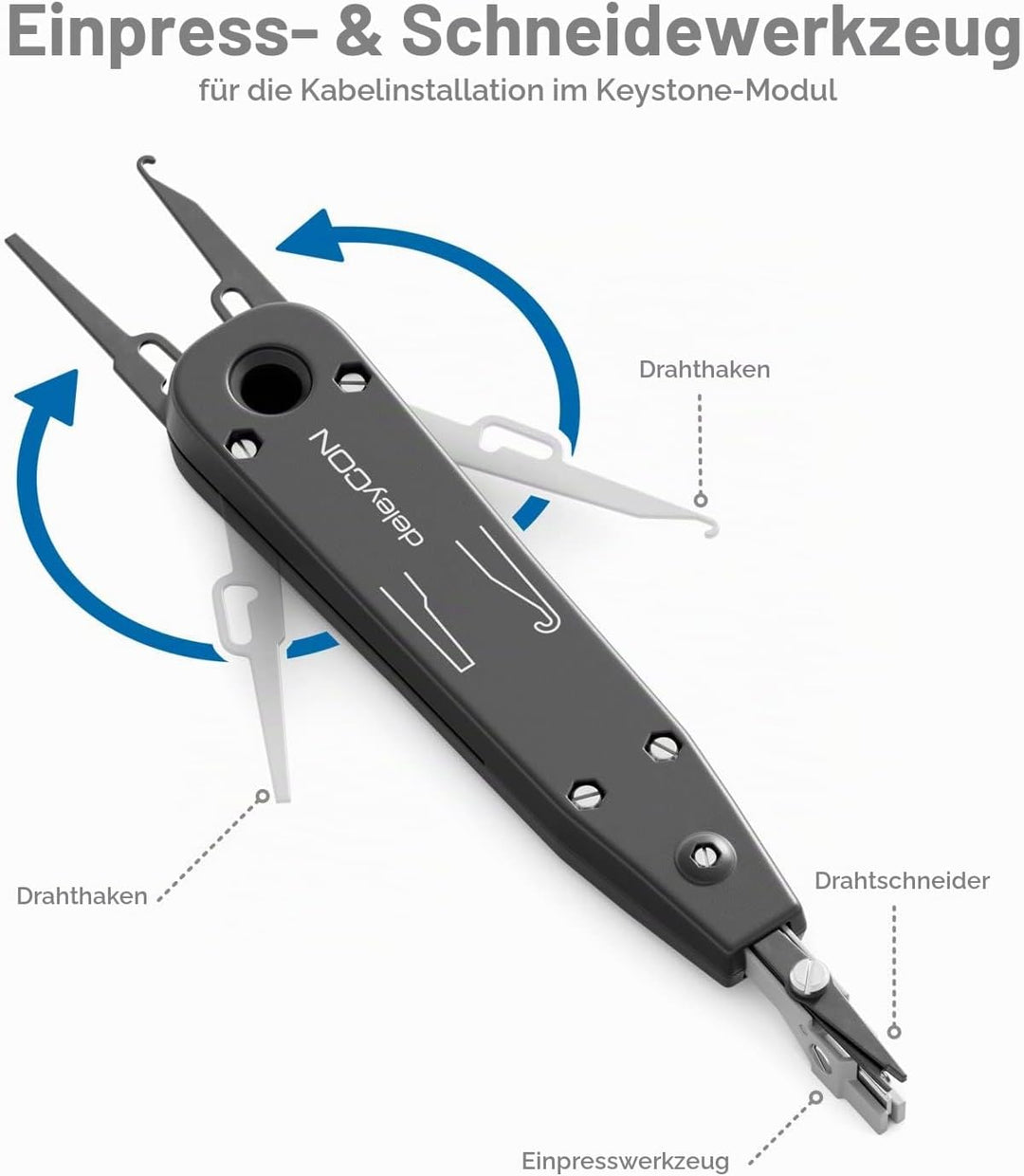 deleyCON Netzwerk Werkzeug Set 4-teilig mit Tasche LSA Auflegewerkzeug Abisolierzange Kabeltester Cr