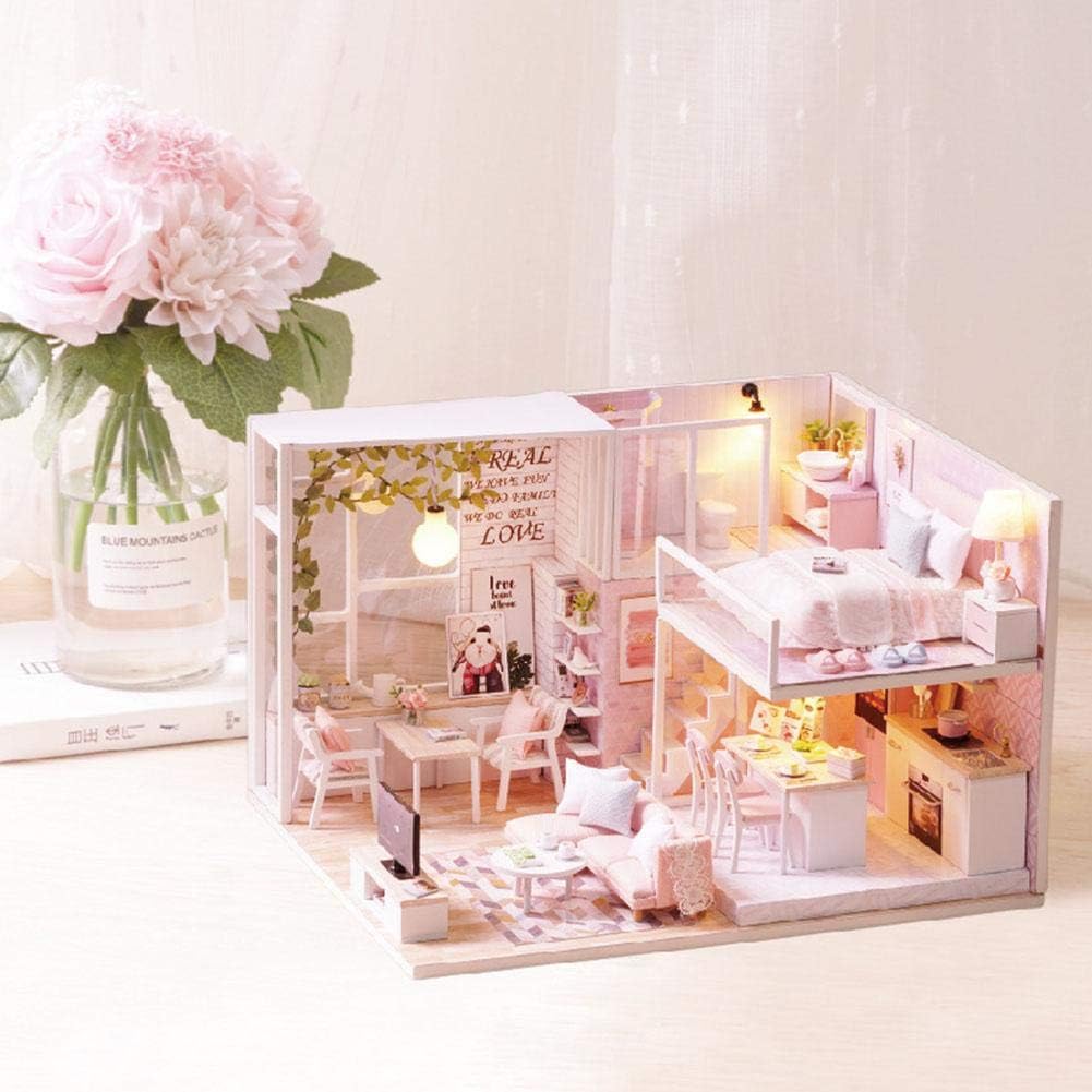 Puppenhaus Miniatur DIY Kit, Holz 1:24 Miniatur Puppenhaus LED Lichtmöbel Puppenhaus Kit DIY Haus Mo