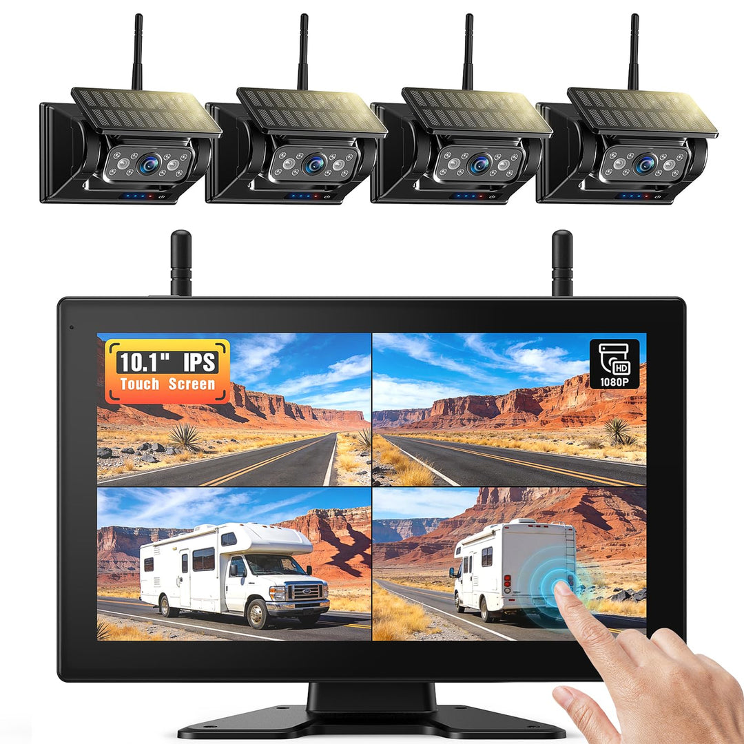 4 Magnetisch Solar Touchscreen Rückfahrkamera Kabellos, HD1080P, 9'' Loop Aufnahmemonitor, kabellose
