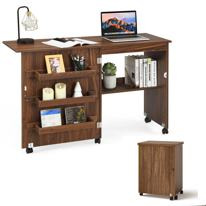 LIFEZEAL Nähmaschinenschrank klappbar, Nähschrank 2 in 1, Schreibtisch Holz mit Haken, Ablage &amp; Roll