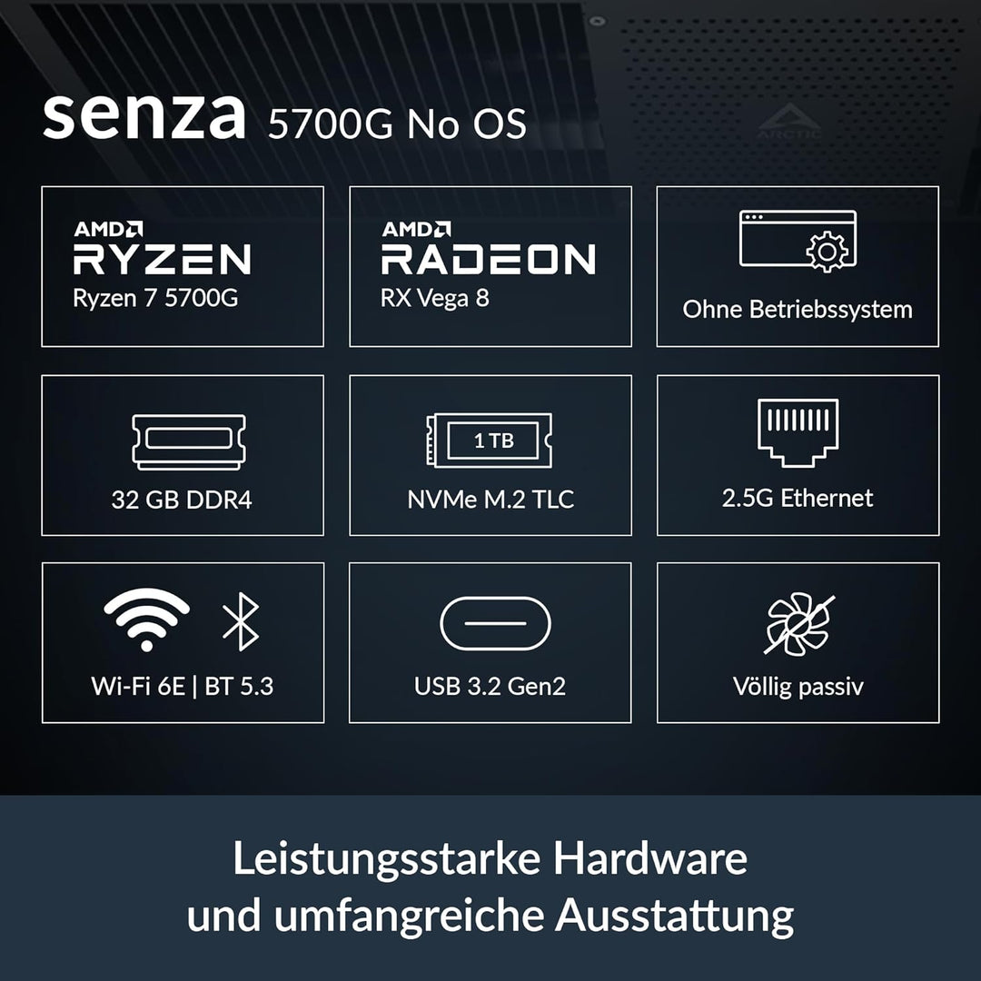 ARCTIC Senza 5700G No OS - Passiv gekühlter, lautloser PC zur Montage unter dem Tisch, ohne Betriebs