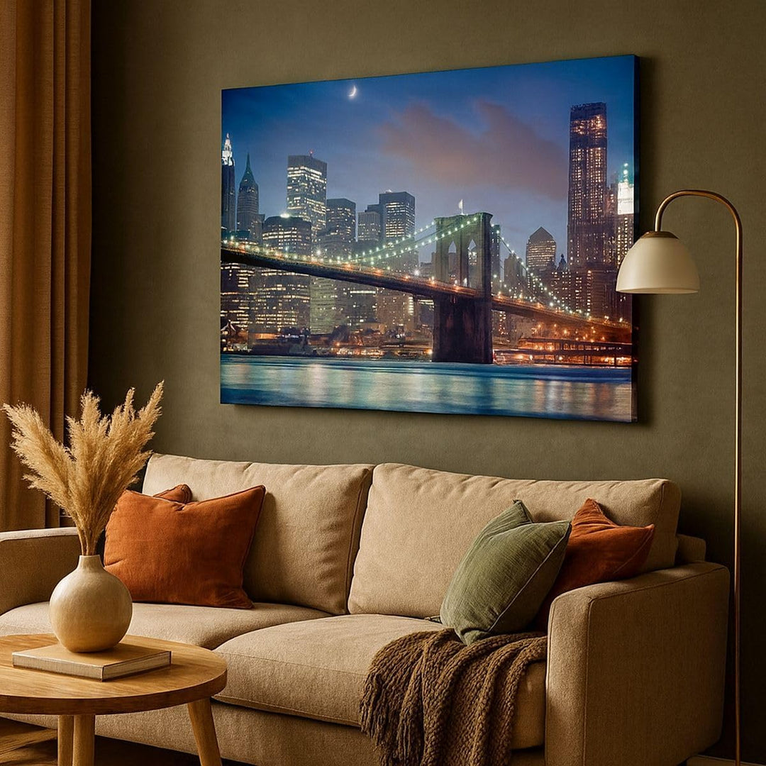 Bilder auf Leinwand 100x70cm Leinwandbild Brooklyn brücke nacht new york city Gross Wanddeko Bild Sc