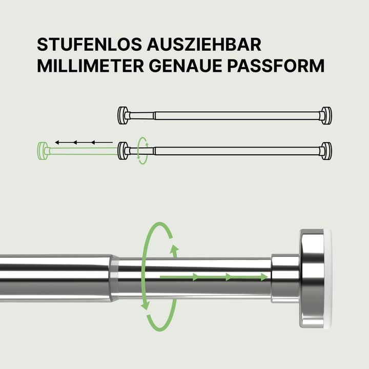 MEISENBERG Gardinenstange zum Klemmen 110-200cm, Silber, Ø 25 mm, Duschstange ohne Bohren - Vorhangs