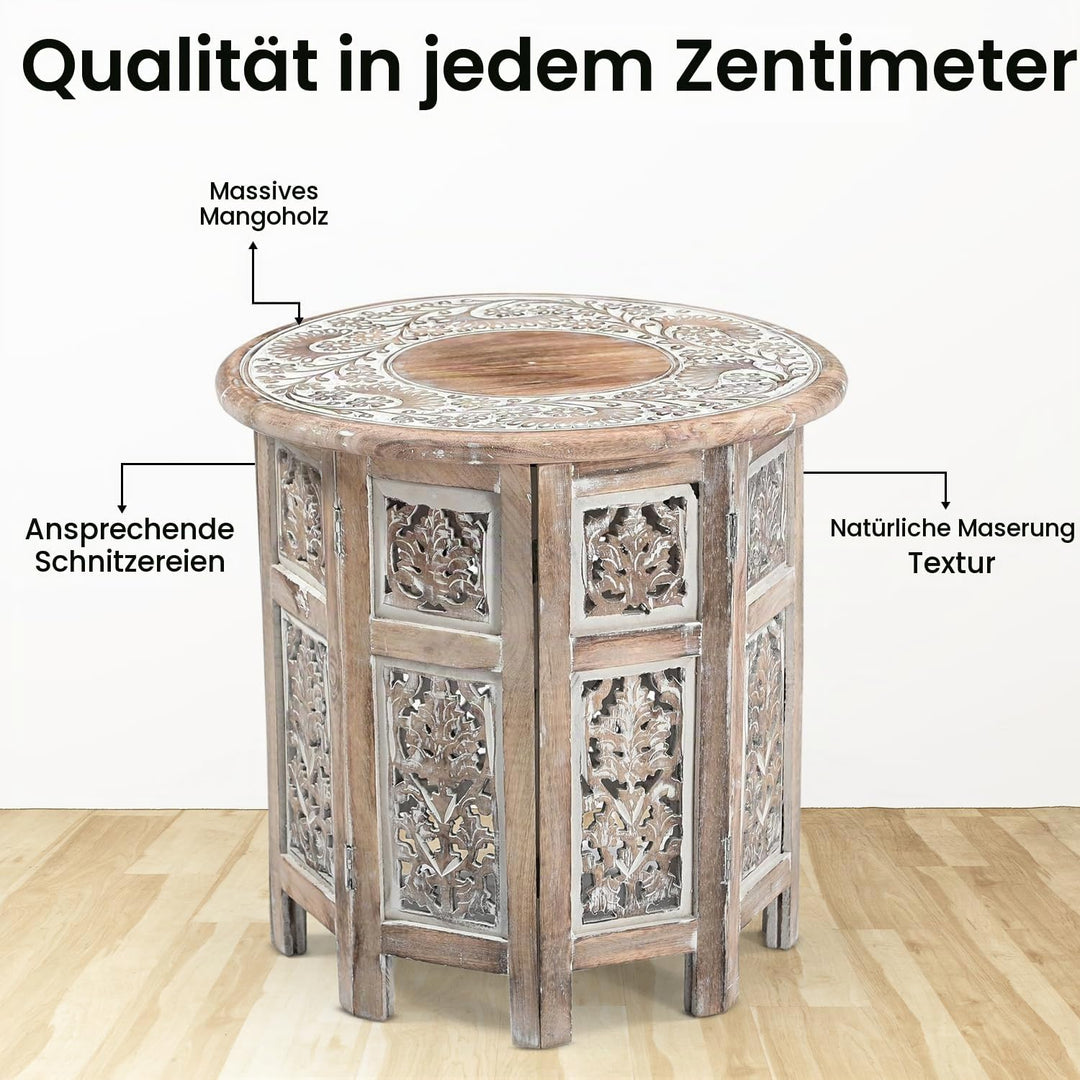 iAnanas Kleiner rustikaler Couchtisch – Handgefertigter Beistelltisch aus Mangoholz mit weiss getünc