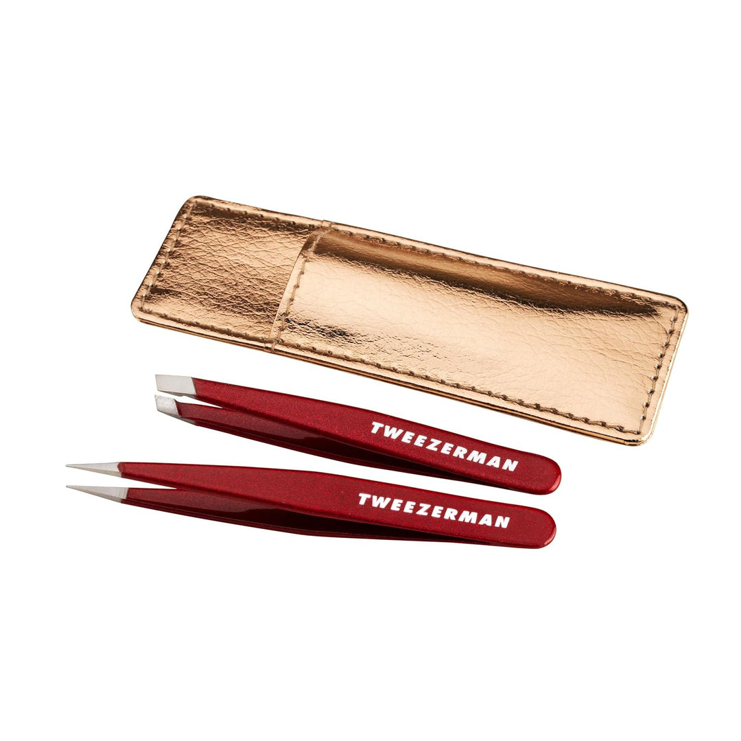TWEEZERMAN Mini-Pinzetten-Set (Augenbrauen-Pinzetten für präzises zupfen mit Lederhülle), Vintage Ro