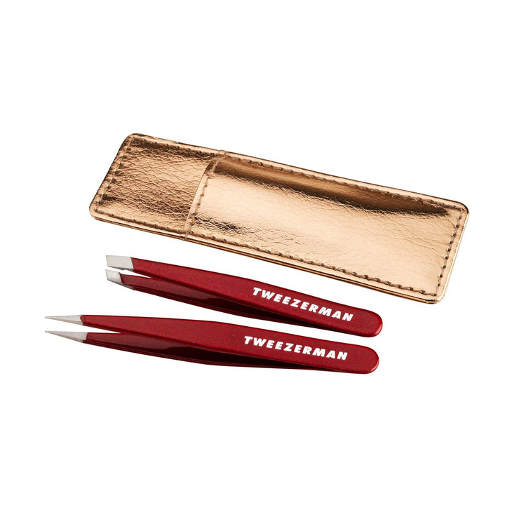 TWEEZERMAN Mini-Pinzetten-Set (Augenbrauen-Pinzetten für präzises zupfen mit Lederhülle), Vintage Ro