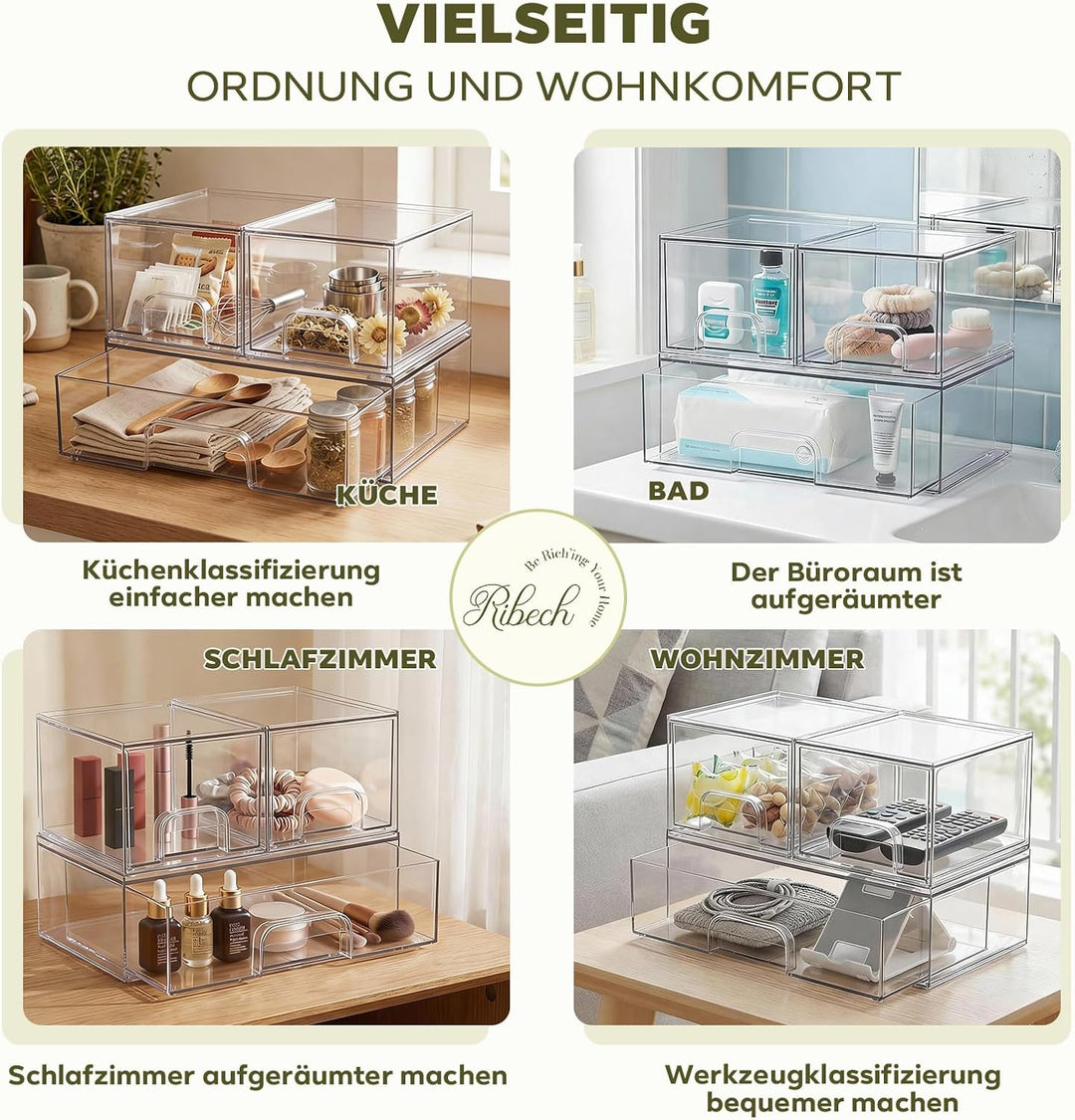 3-stufige Aufbewahrungsbox transparent - Schubladen-Organizer mit rutschfester Basis für Badezimmer,