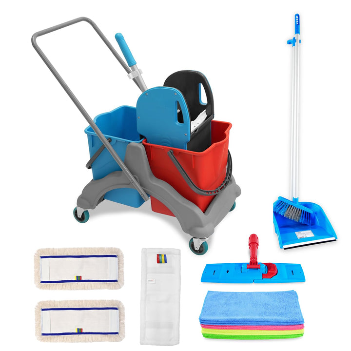 Hypafol Putzwagen Reinigungswagen Set | 2 x 25 l Eimer mit Wischmopp-Presse und Kehrgarnitur | inkl.