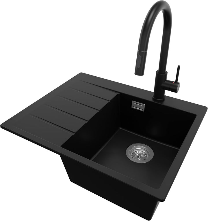 Granitspüle Schwarz 62x50 cm, Spülbecken + Ablauf-Set + Küchenarmatur 9050, Küchenspüle für 40er Unt