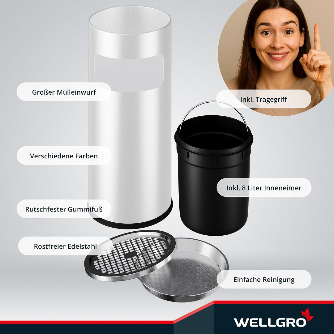WELLGRO 2 in 1 Standaschenbecher Edelstahl für draussen – Wetterfester Standascher weiss mit Mülleim