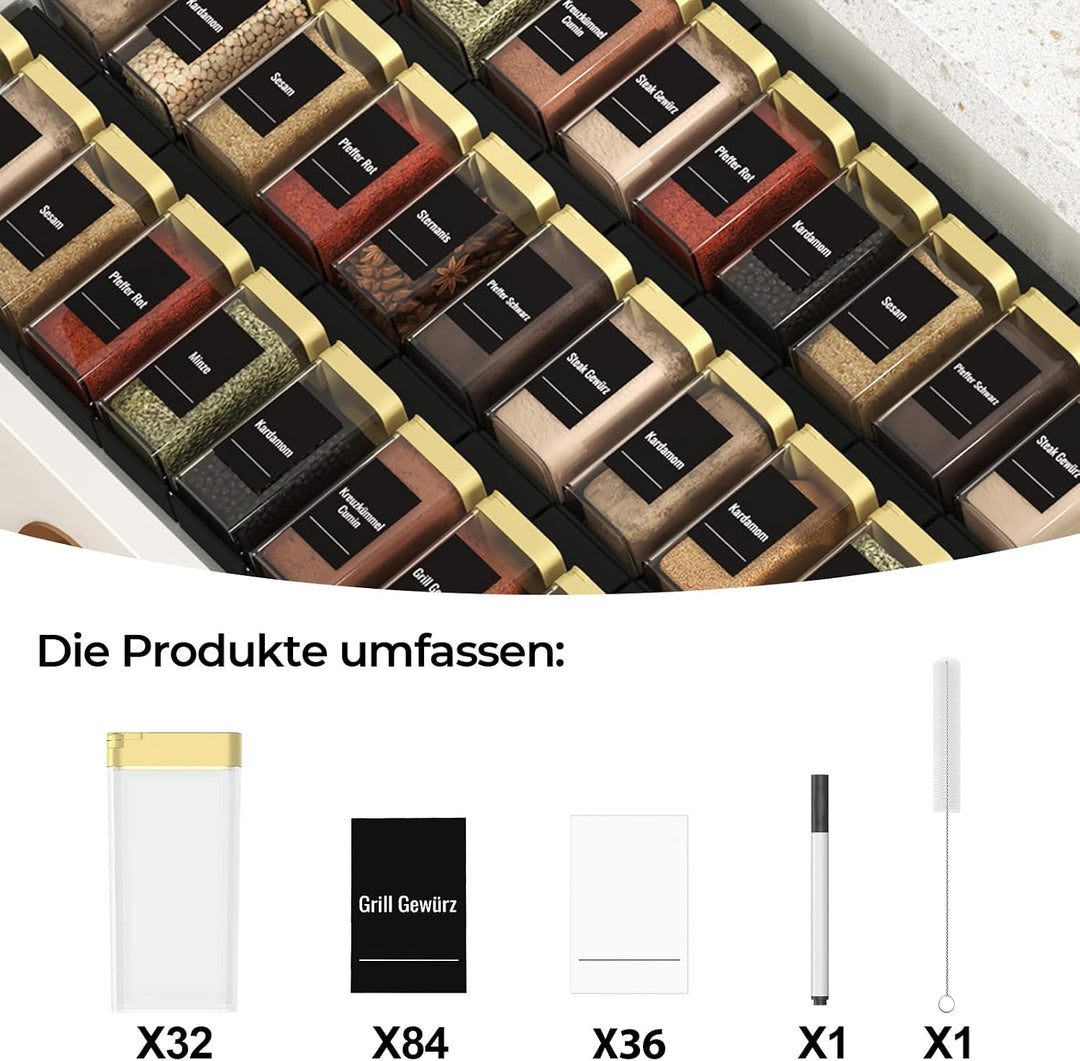 Gewürzgläser Eckig Set mit Deckel [32 x 120ml], 120 Etiketten | Luftdichte Gewürzstreuer mit Streuei