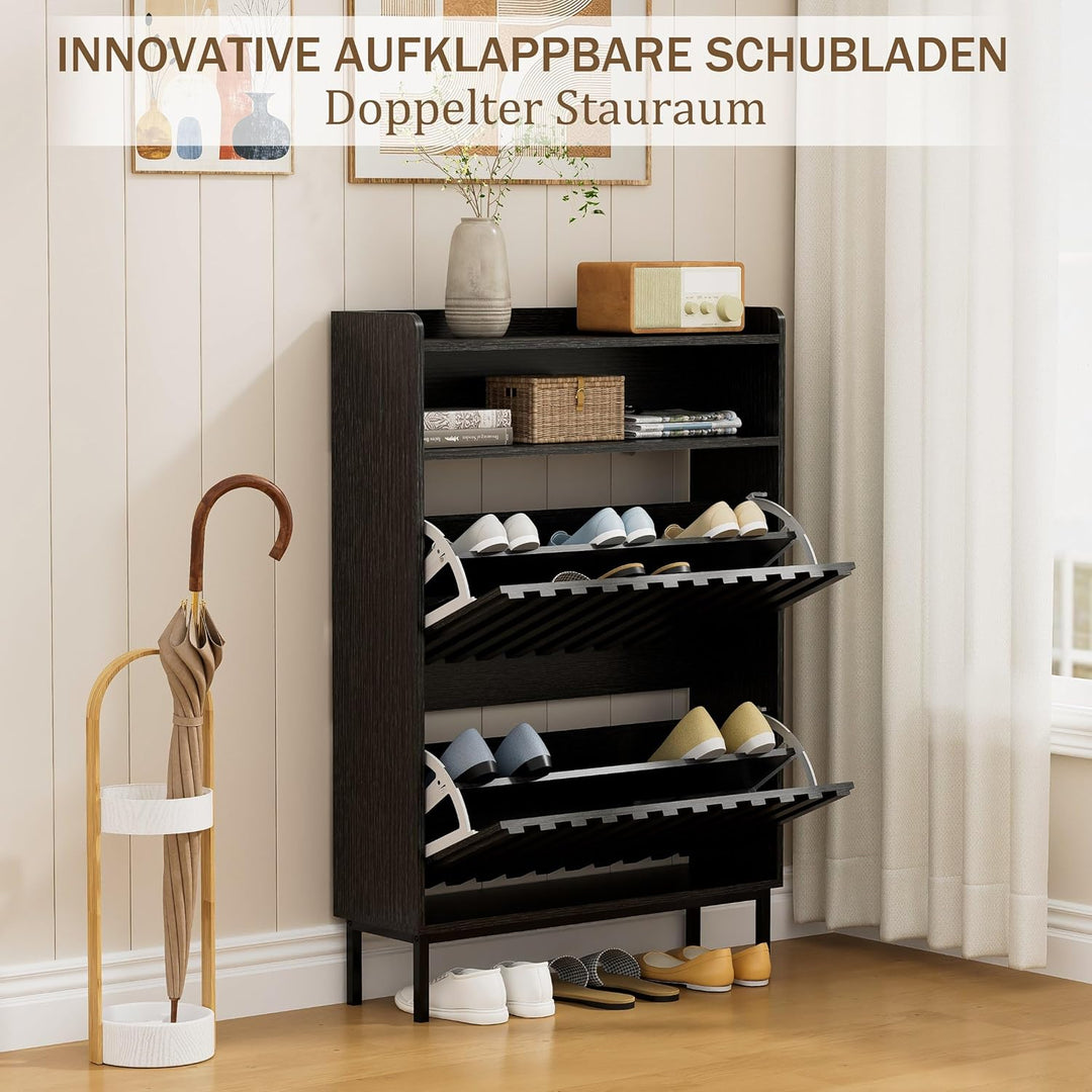UEV Schuhschrank mit 2 Klappen Schmal, Schuhkipper für Flur Wohnzimmer, Schuhkommode mit Kippschutz,